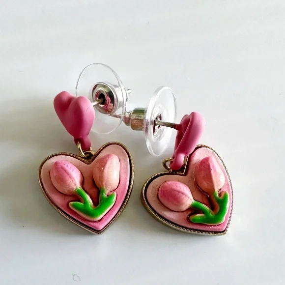 Pink Heart Tulip Earrings Gold Tone Pierced Ears Dangle - Picture 2 of 5